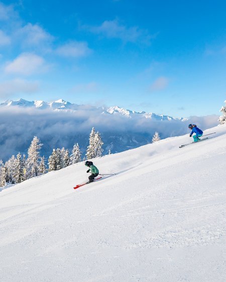 Smaragdhotel Tauernblick – Ihr 4-Sterne-Hotel am Wildkogel Zwei Skifahrer fahren auf schneebedecktem Hang mit verschneiten Bäumen und Bergen im Hintergrund