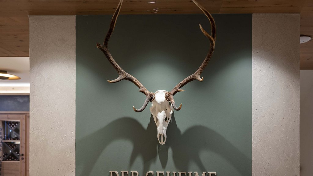 Smaragdhotel Tauernblick – Ihr 4-Sterne-Hotel am Wildkogel Geweih eines Hirschs an einer Wand mit Schriftzug Der Geheime